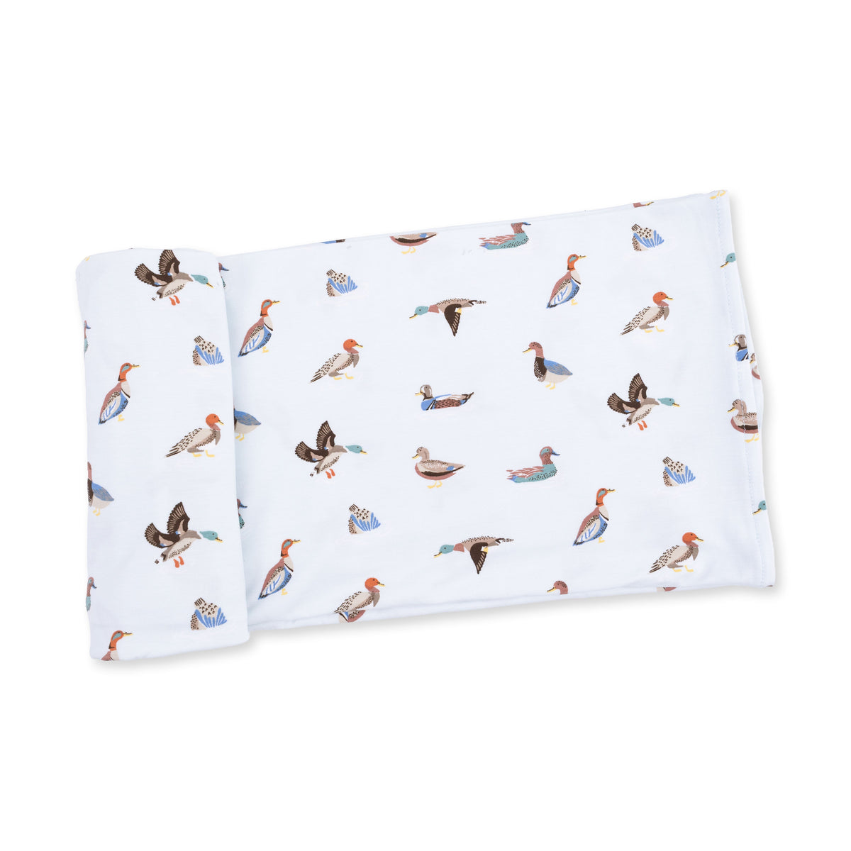 Swaddle blanket with an American ducks print, spread out to show the repeating duck design