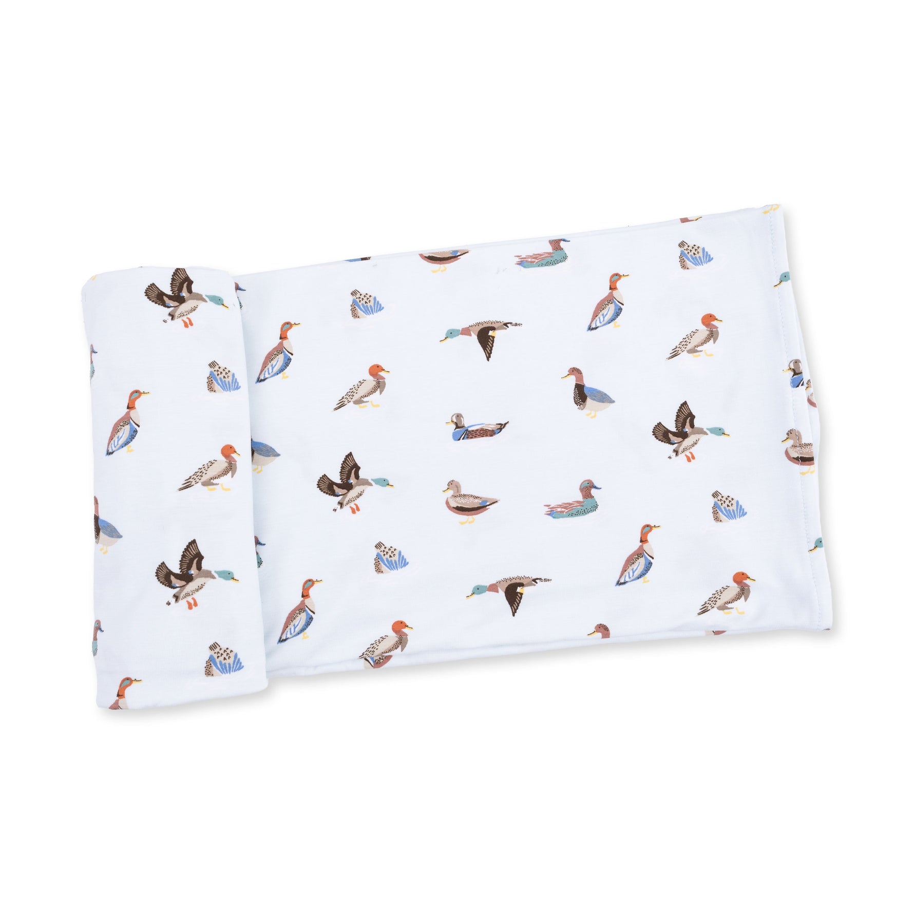 Swaddle blanket with an American ducks print, spread out to show the repeating duck design