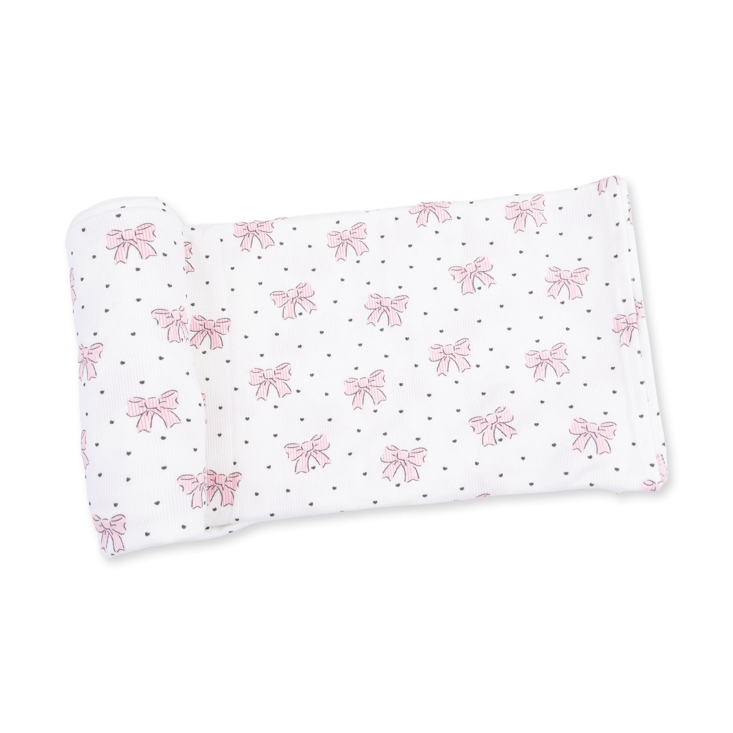 Swaddle blanket in ribbed modal with a bows and hearts print, spread flat