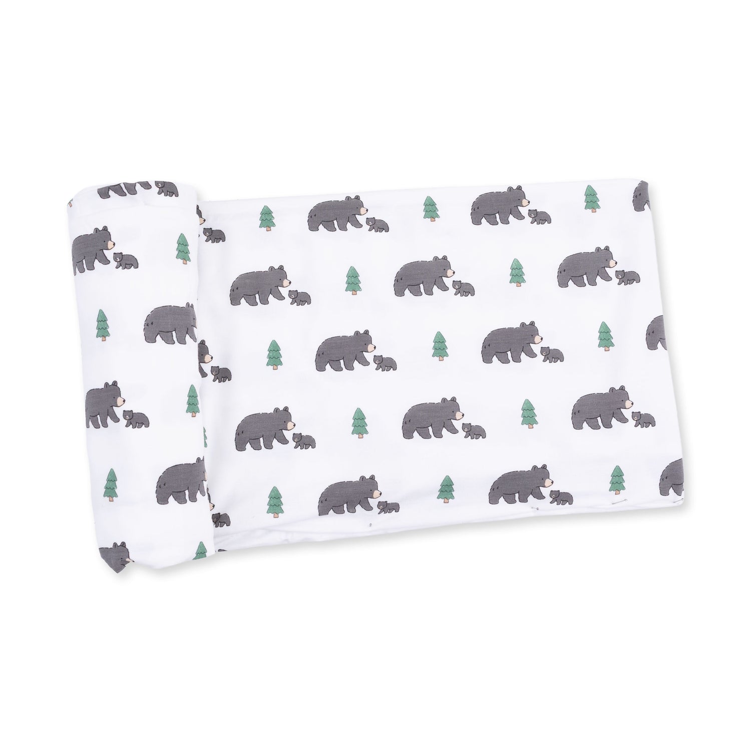 Swaddle blanket with a black bear print, spread out square