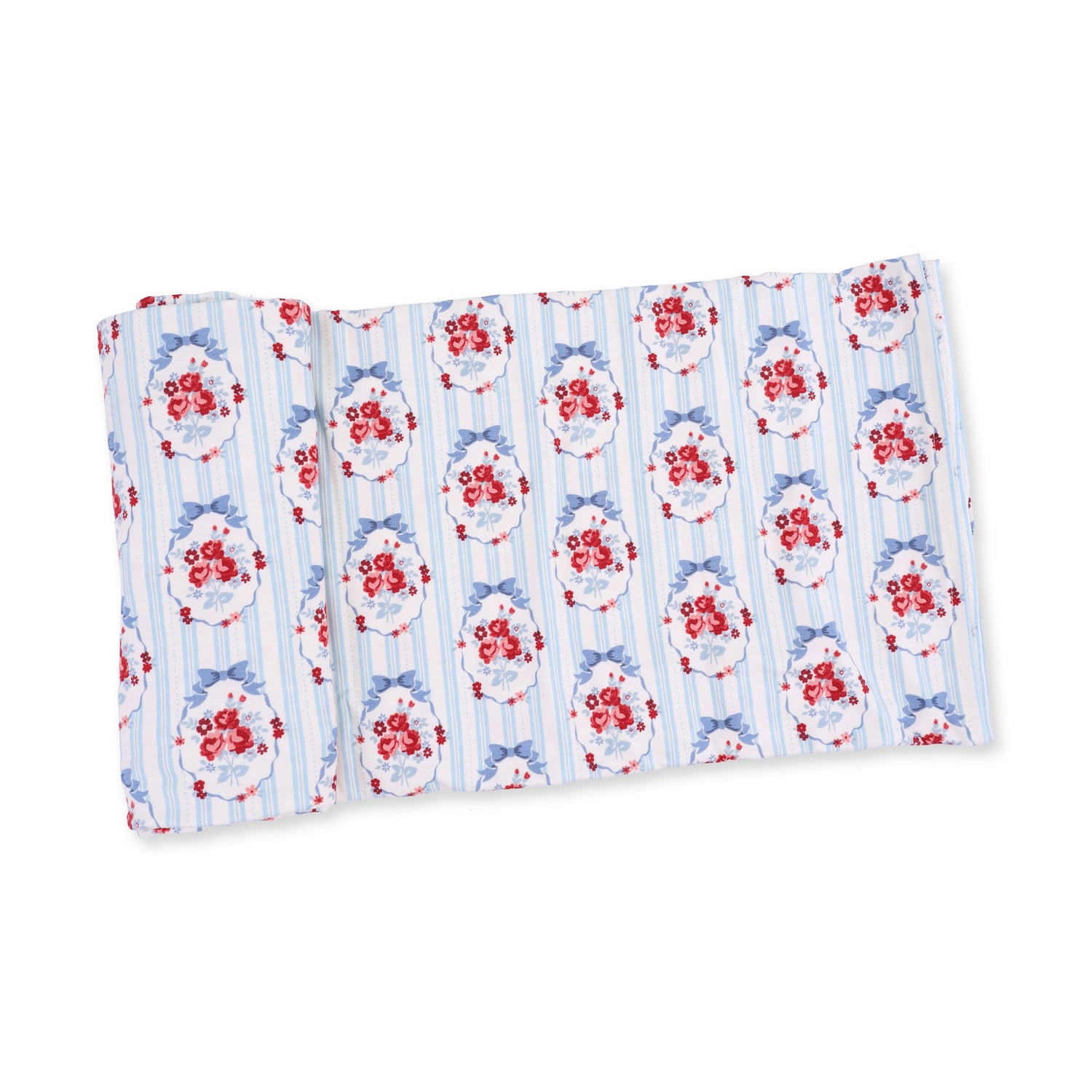 Swaddle blanket in a soft cameo-toned stripe pattern, laid flat with corner folded