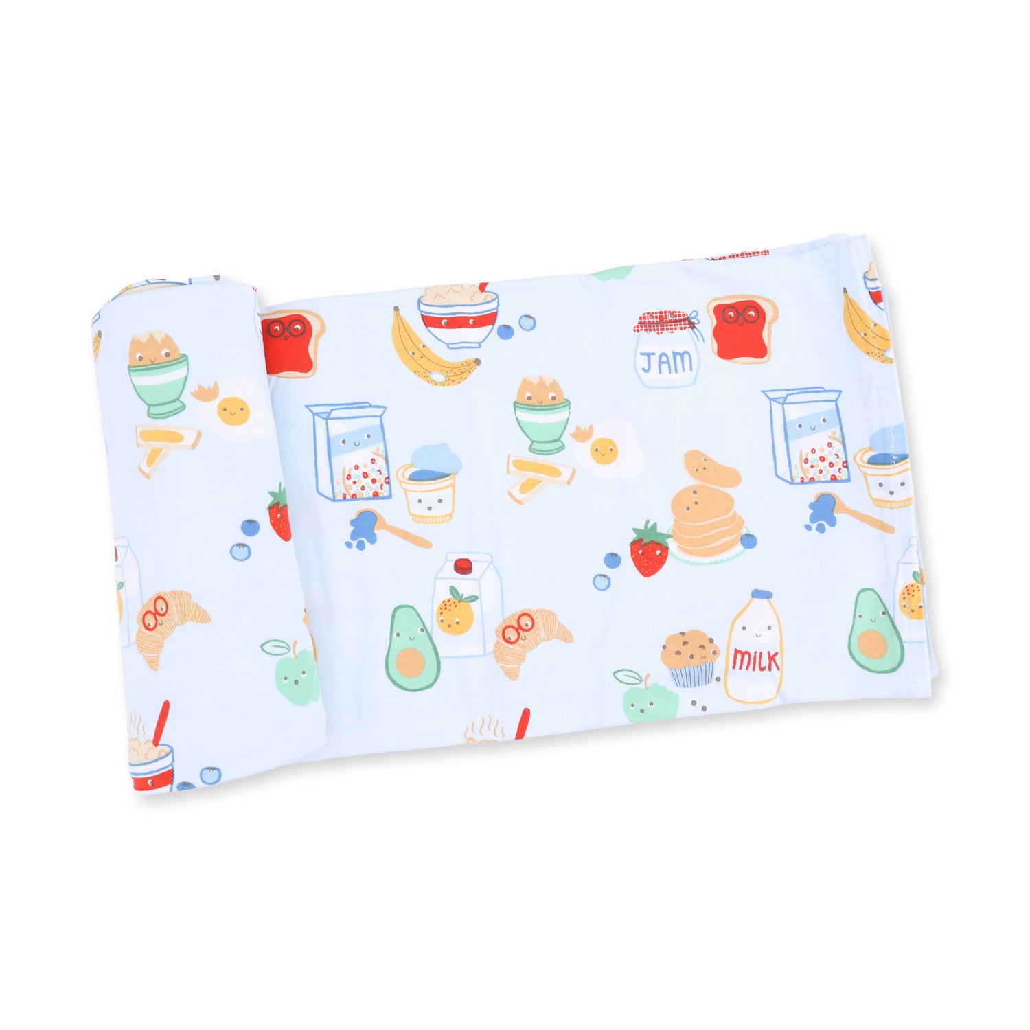 Swaddle blanket in Breakfast Club Blue with a playful breakfast-themed print on a blue background