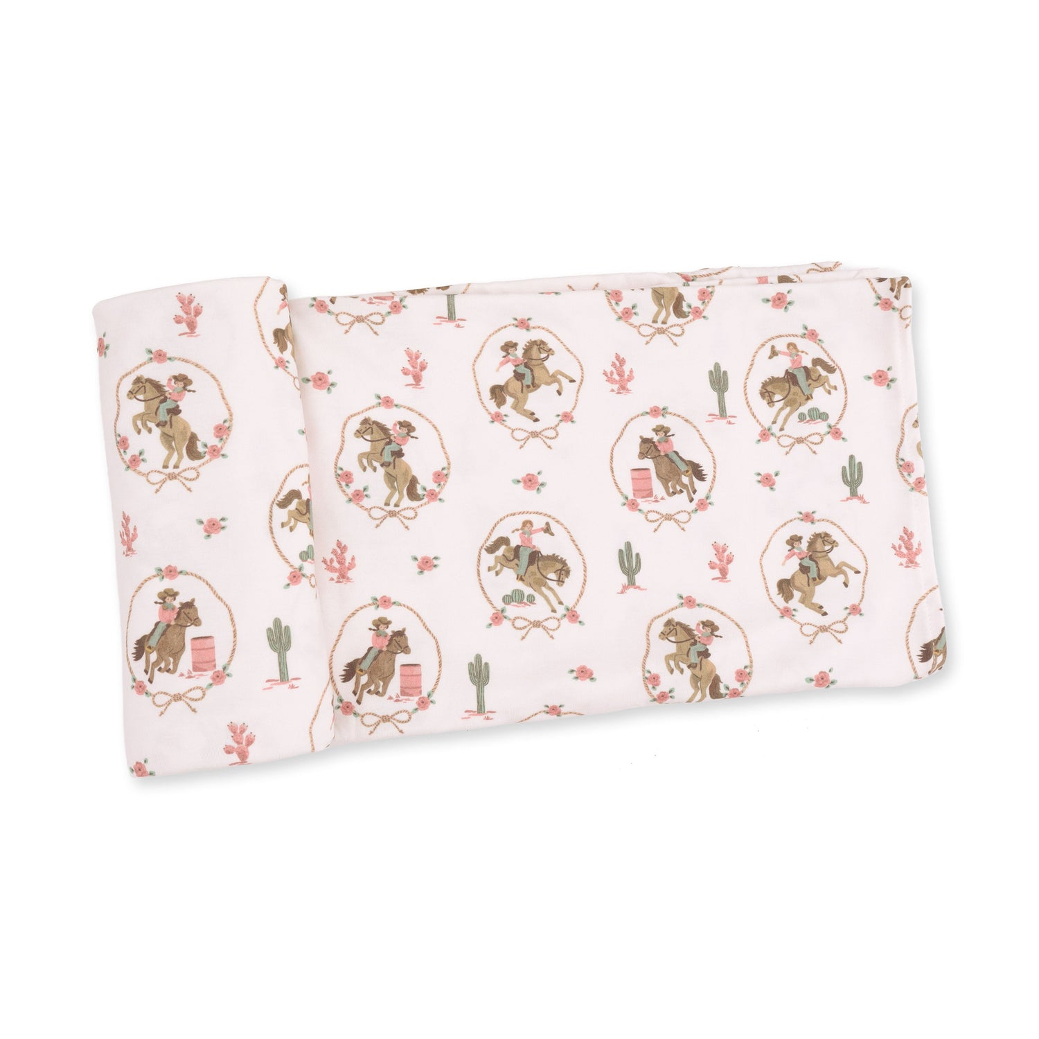 Swaddle blanket in a Cowgirl Cameos print with vintage western cowgirl portraits