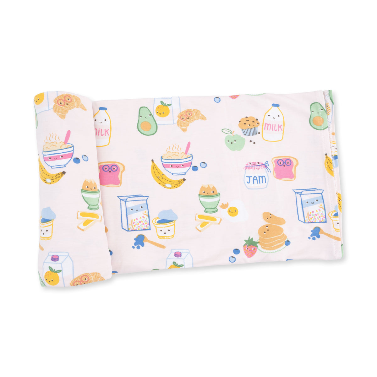 Pink swaddle blanket in the Breakfast Club print, spread out to show its square shape and border.