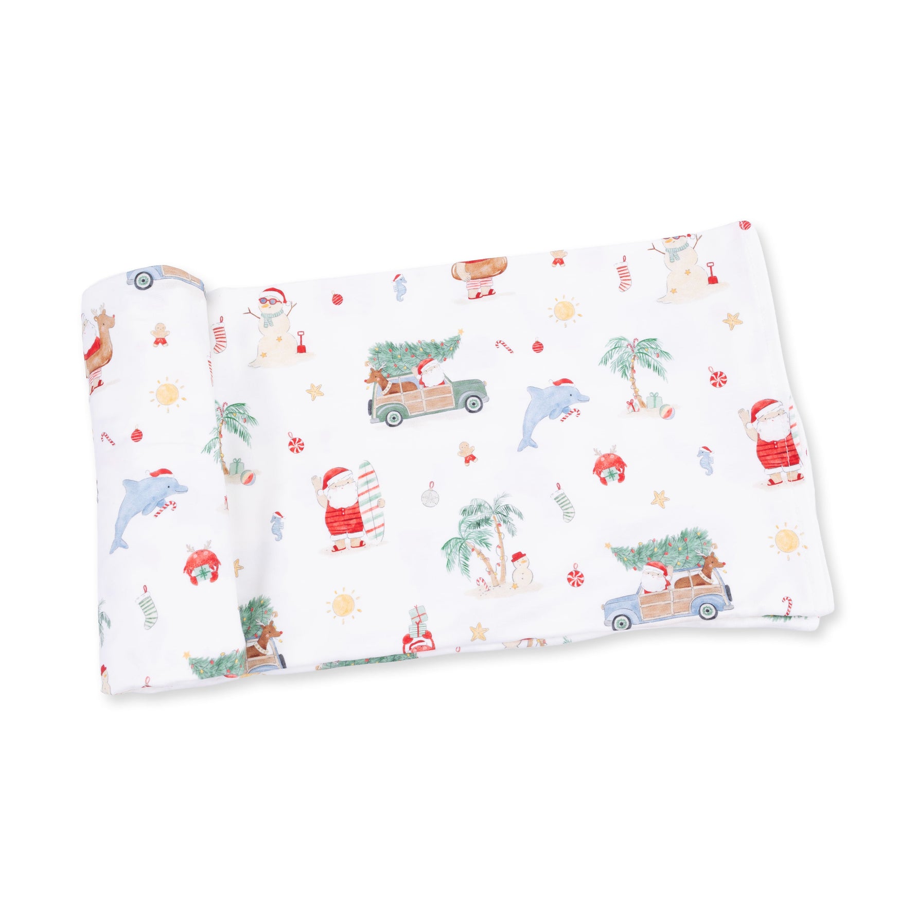 Baby swaddle blanket with a beach-themed Christmas print in viscose from bamboo