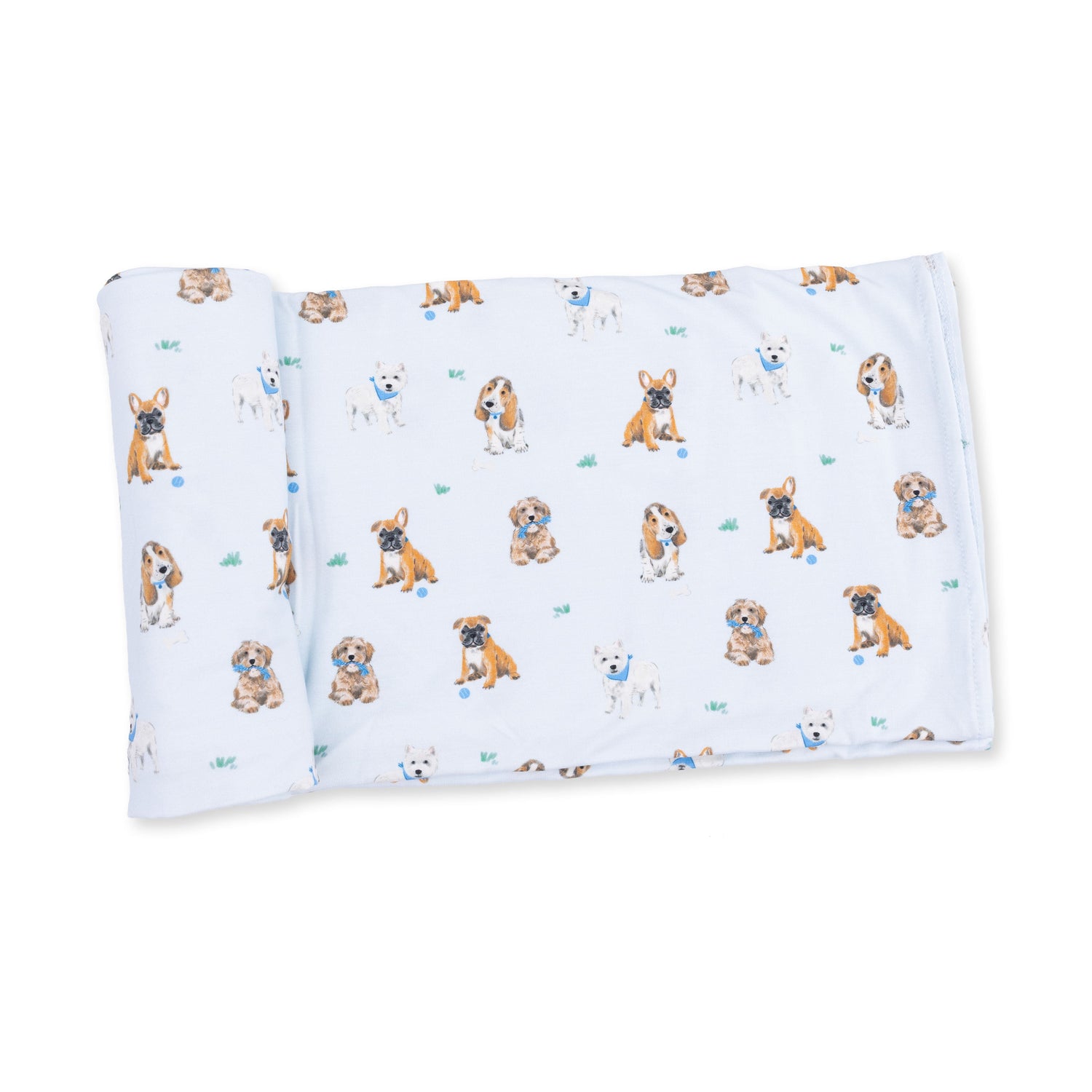 Blue swaddle blanket printed with a repeating pattern of friendly dogs.