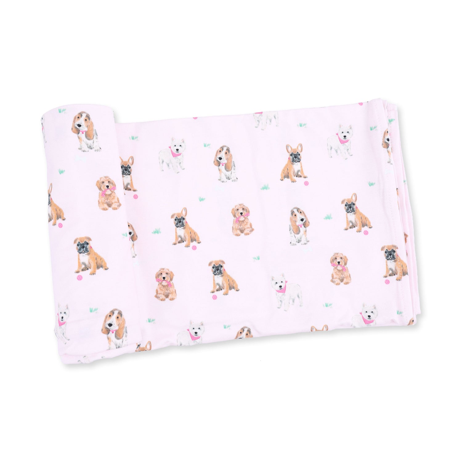 Swaddle blanket in pink with a repeating print of little dogs, spread out flat