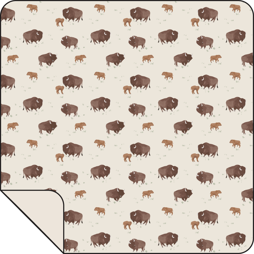 Swaddle blanket with an American buffalo print, spread flat to show its square shape