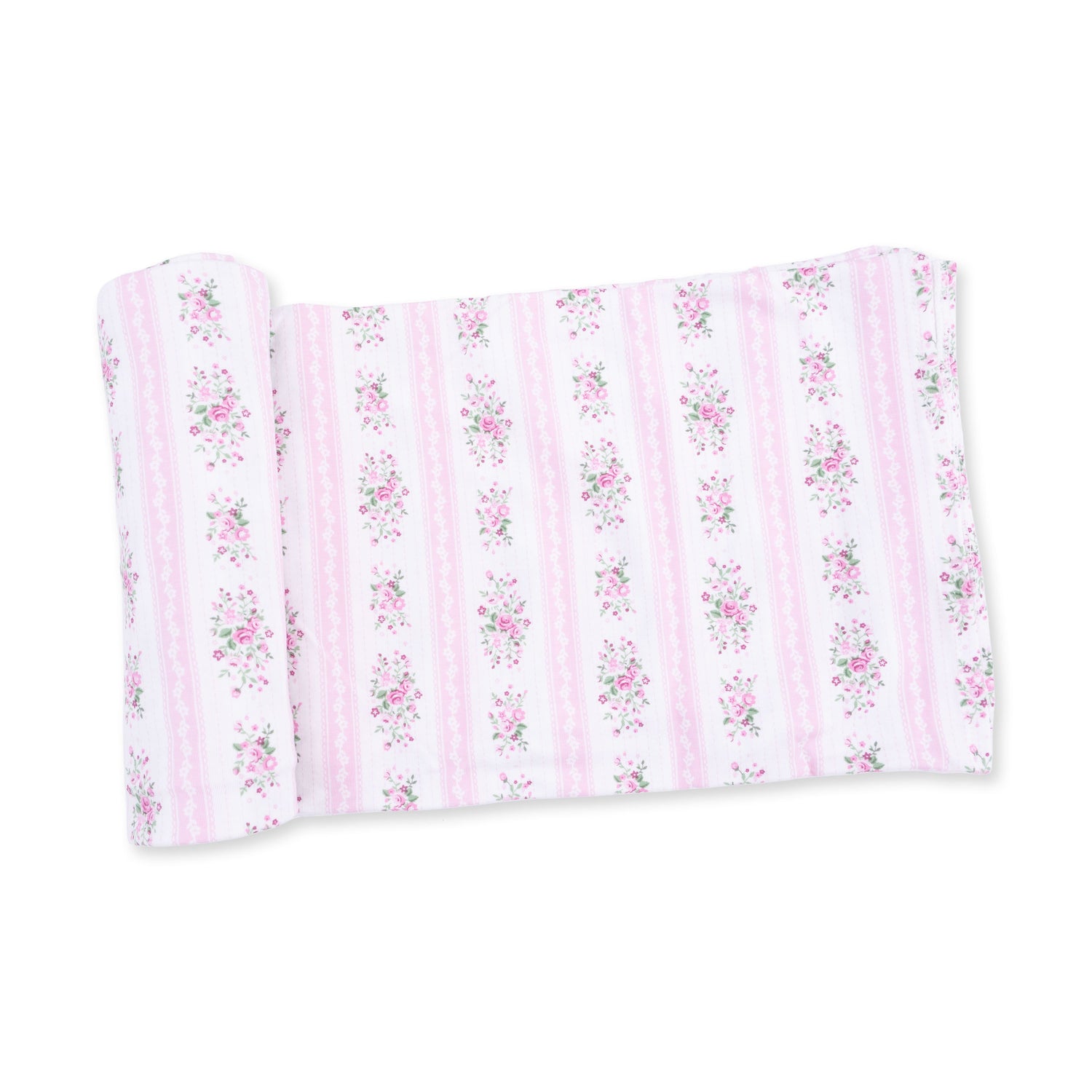 Swaddle blanket in a soft pink and cream Bella Rose stripe pattern, laid flat