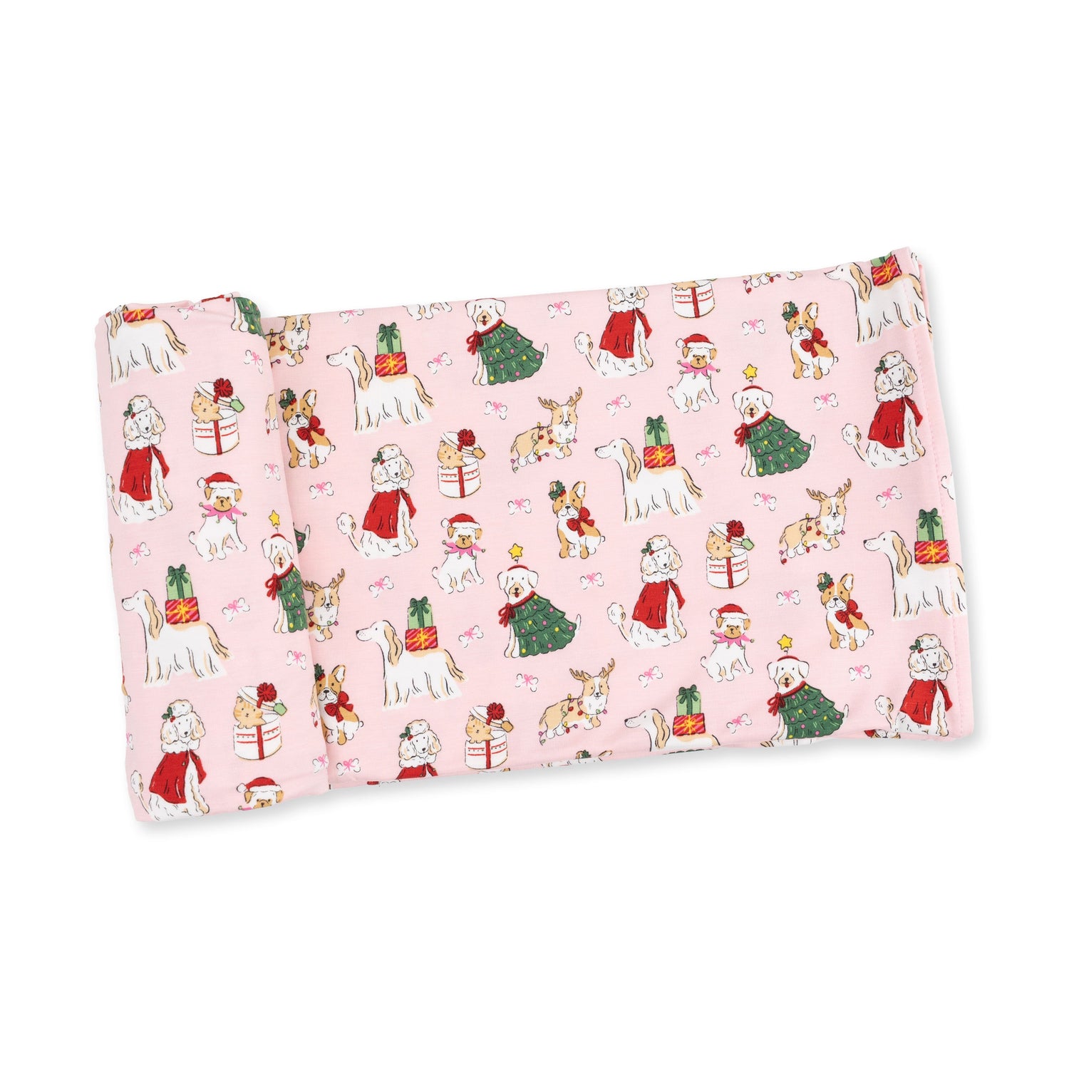 Pink swaddle blanket printed with Christmas dogs in holiday hats and scarves