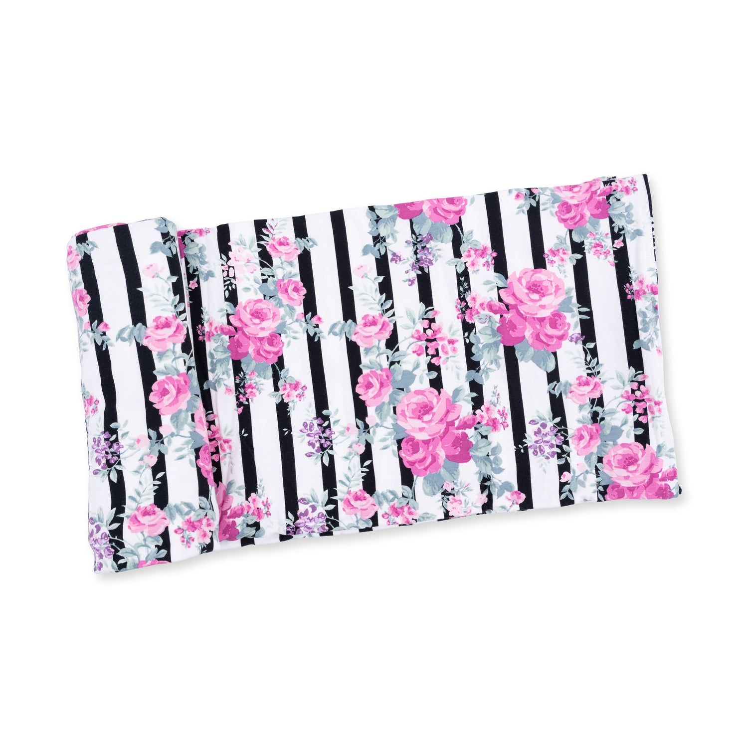 Swaddle blanket in a cabbage rose floral stripe pattern in soft pink and green tones