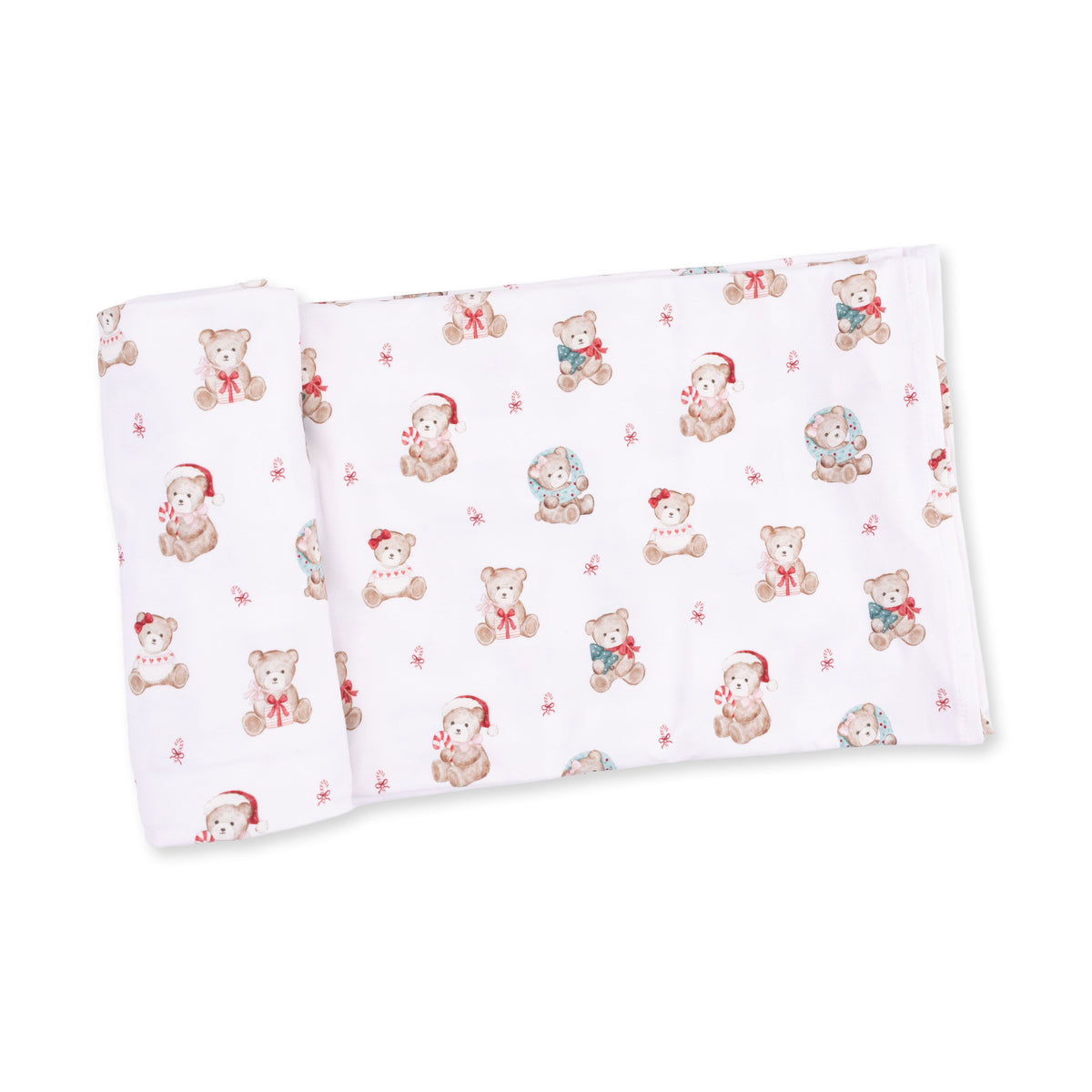 Pink baby swaddle blanket printed with Christmas teddy bears