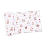 Pink baby swaddle blanket printed with Christmas teddy bears