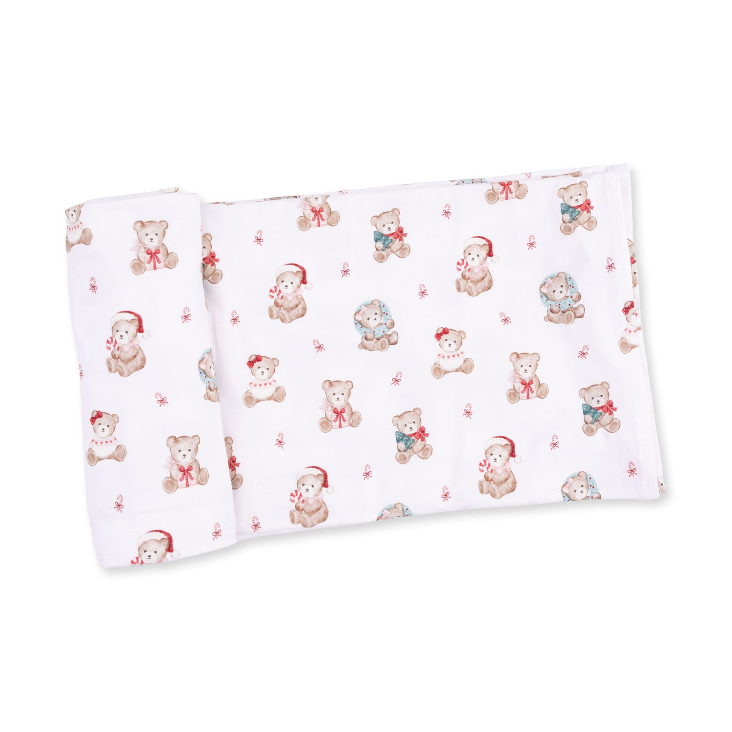Pink baby swaddle blanket printed with Christmas teddy bears