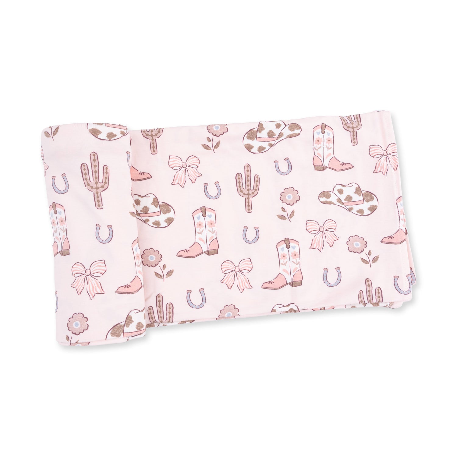 Swaddle blanket with a cowgirl boots and bows print, spread flat to show the square shape