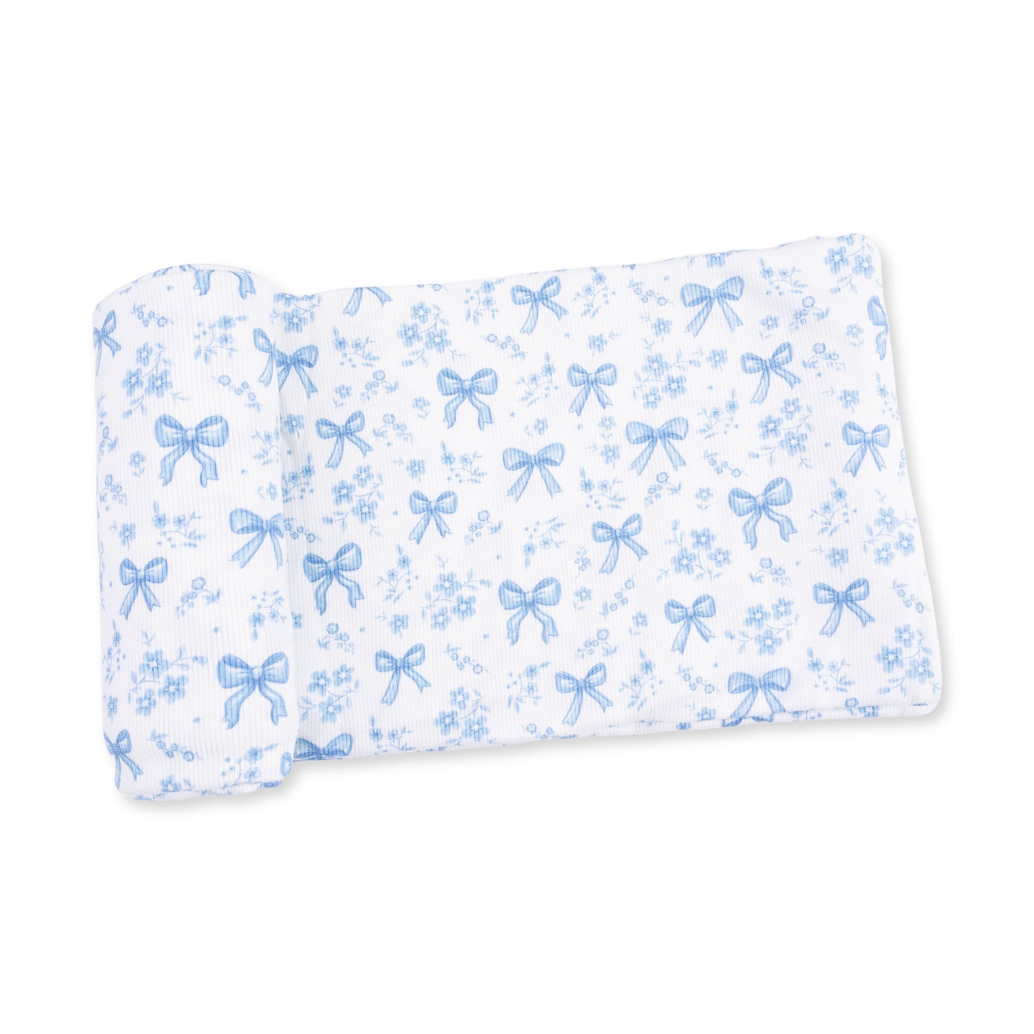 Swaddle blanket in a light blue print with small bows and flowers, laid flat.