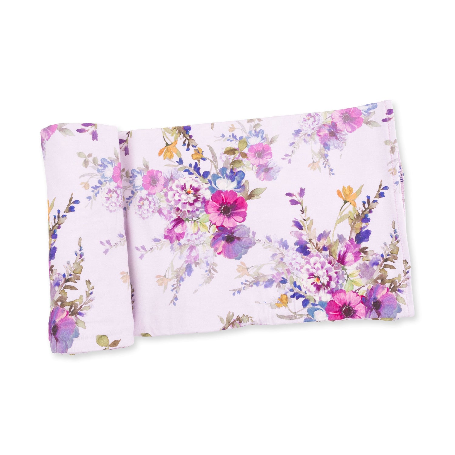 Swaddle blanket in a dahlia floral print, folded to show the pattern