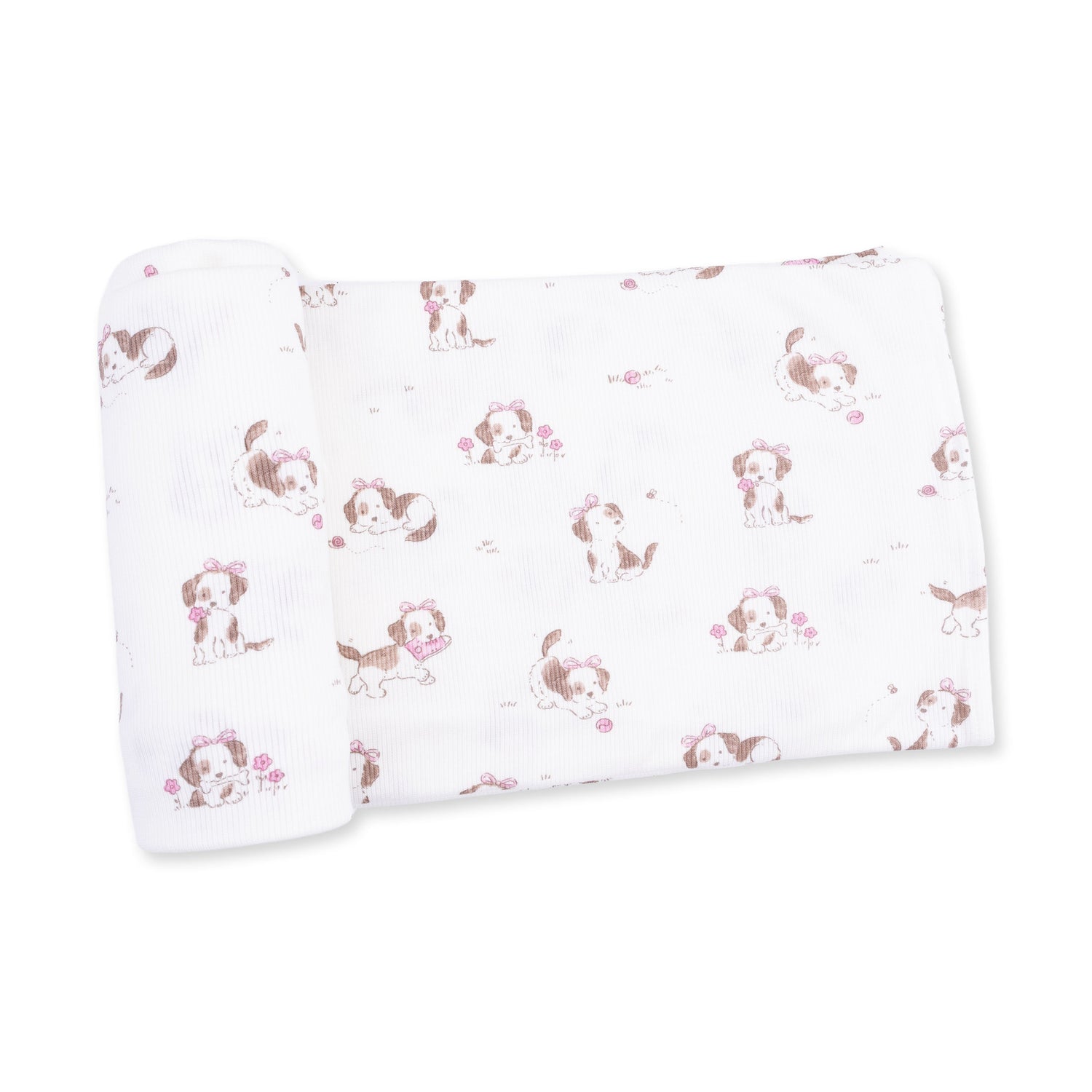 Swaddle blanket in soft pink ribbed modal with a playful puppy print pattern