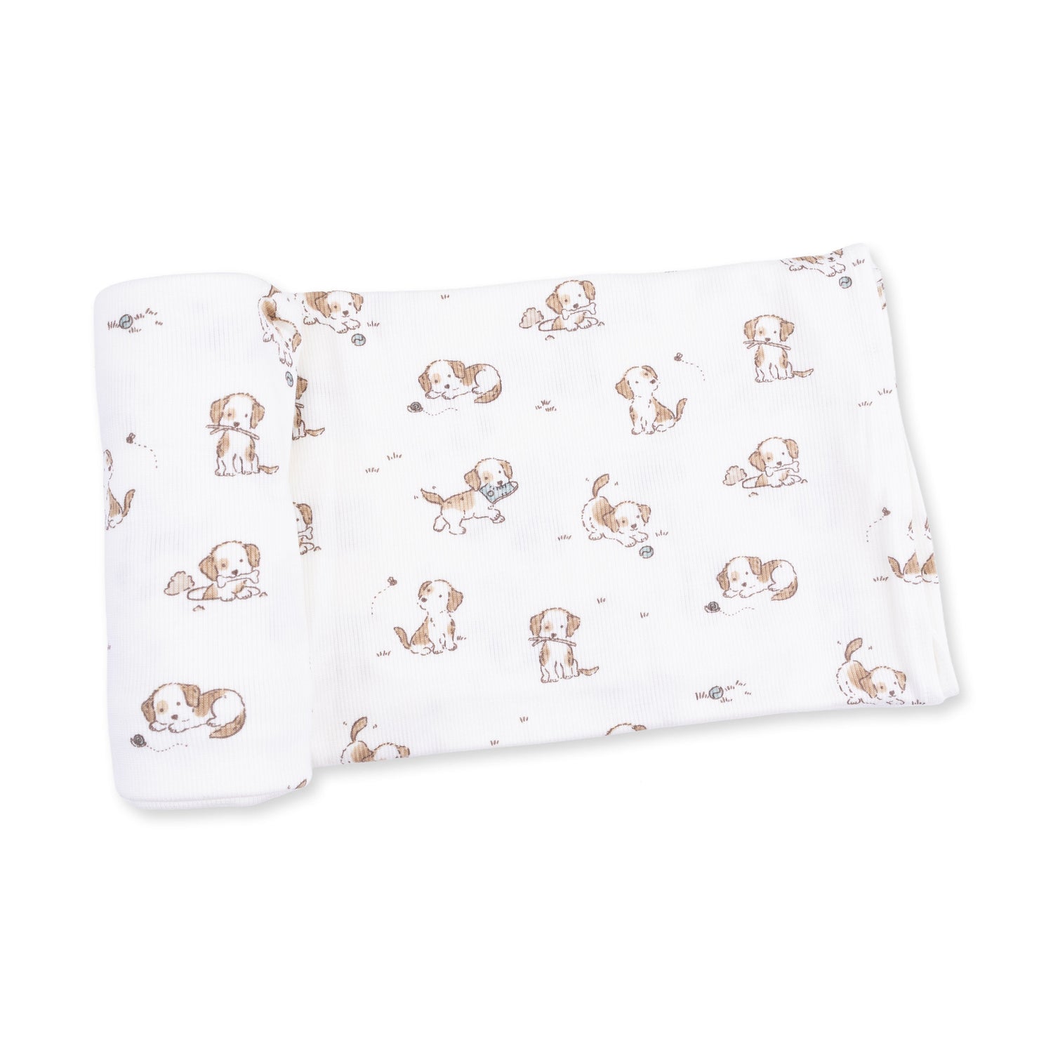 Swaddle blanket in blue with a puppy print, spread flat to show the ribbed modal fabric