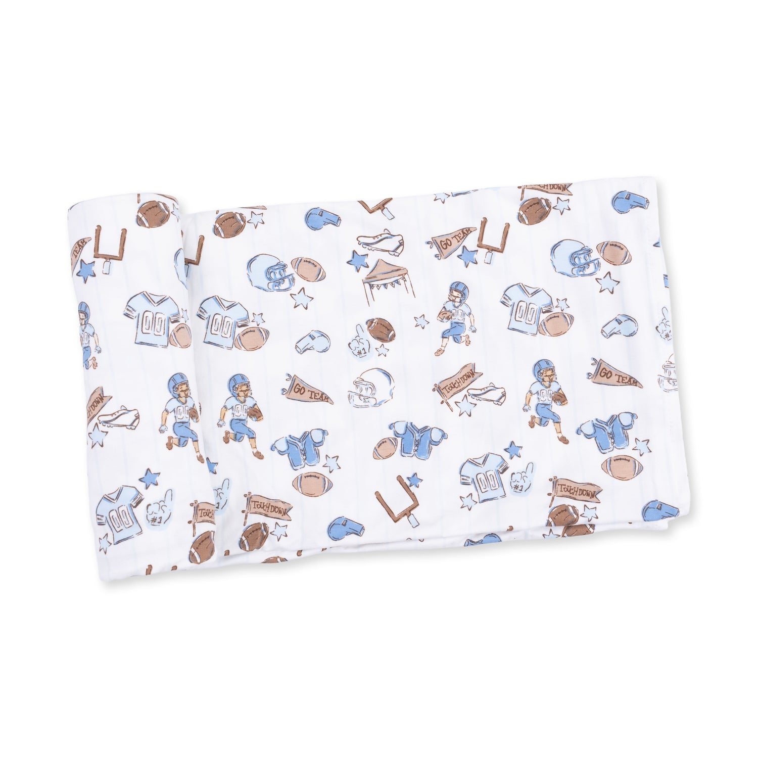 Swaddle blanket with a football-themed nursery print, spread flat to show the square shape.