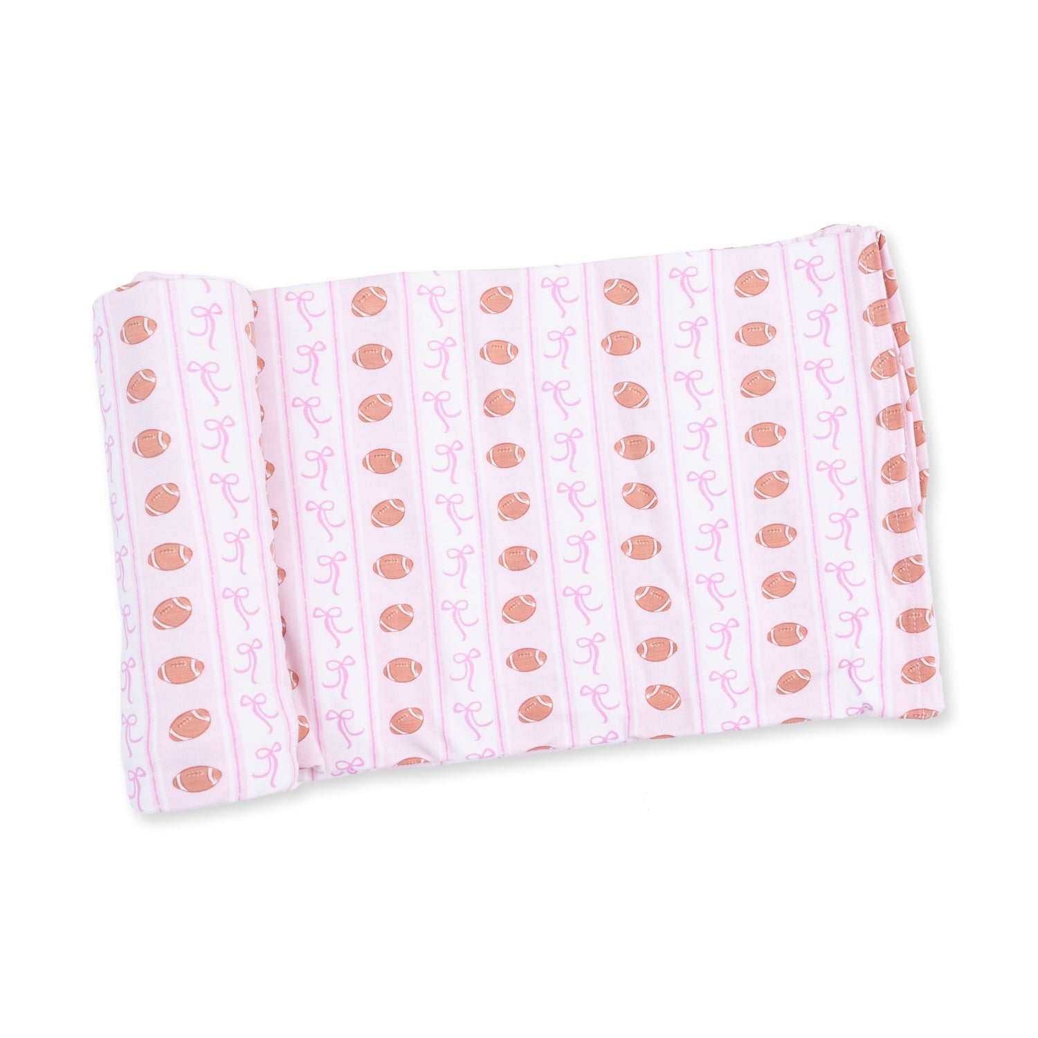 Swaddle blanket with a football and bow stripe pattern spread flat