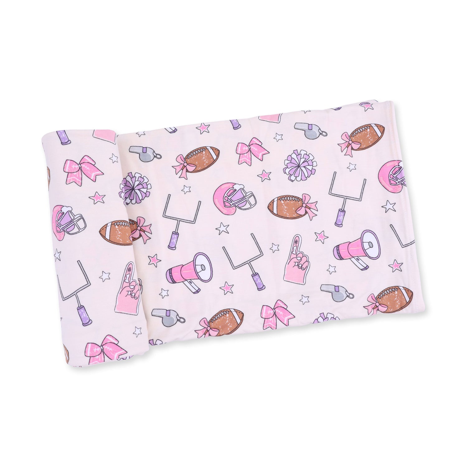 Swaddle blanket with a football cheer print, spread flat to show the square shape and pattern