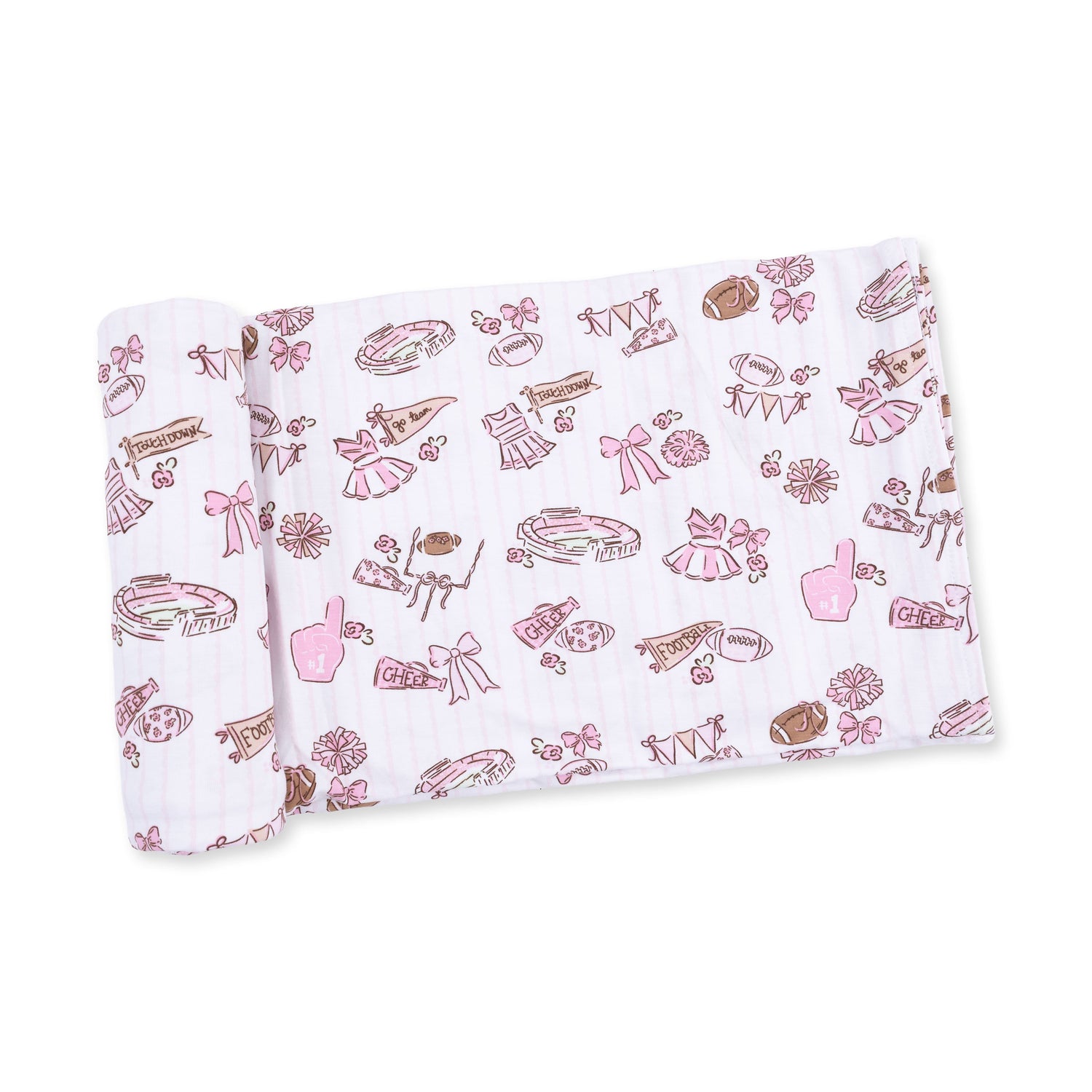 Swaddle blanket with a football cheer nursery print in team-inspired colors and motifs