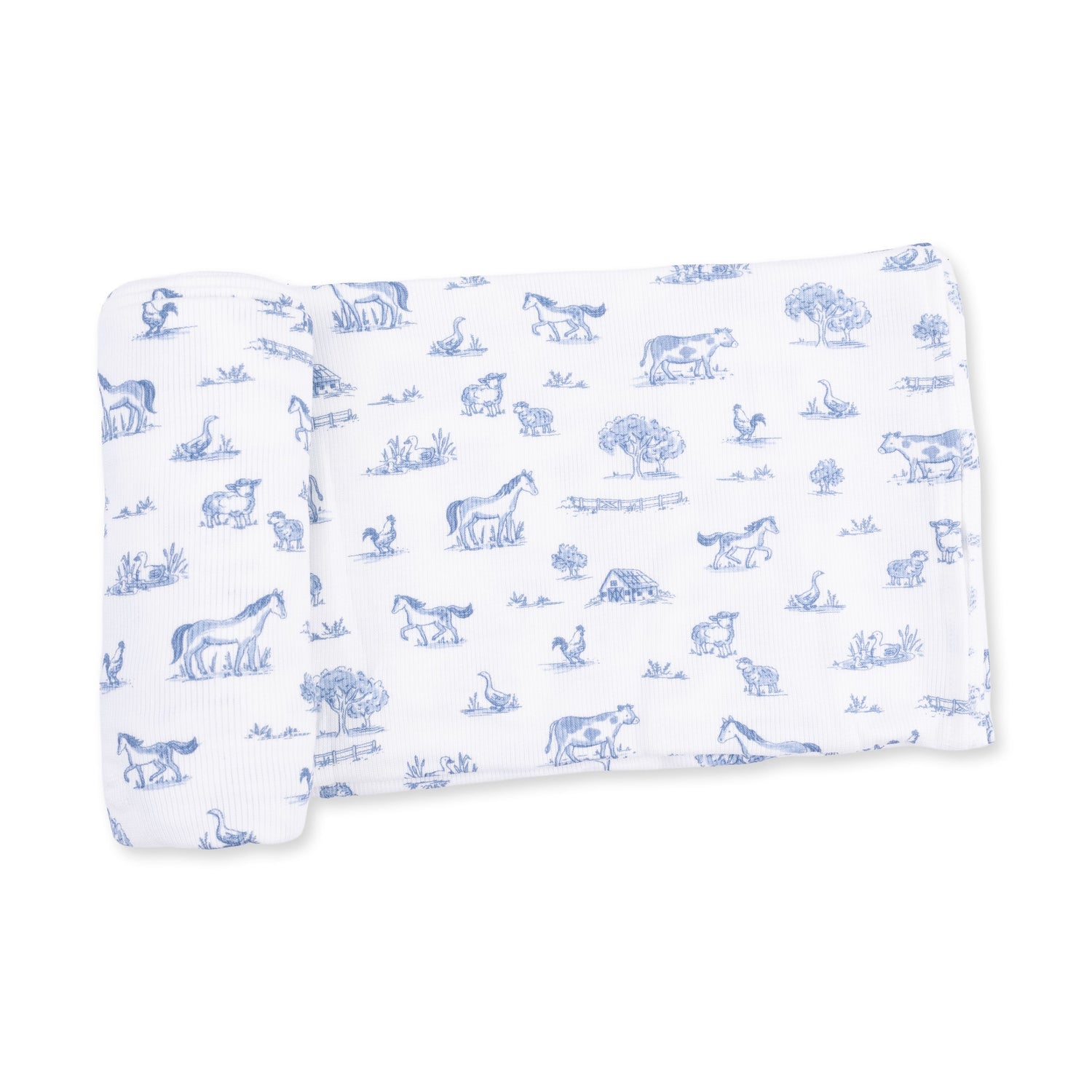 Swaddle blanket in ribbed modal with a farm friends animal print, laid flat