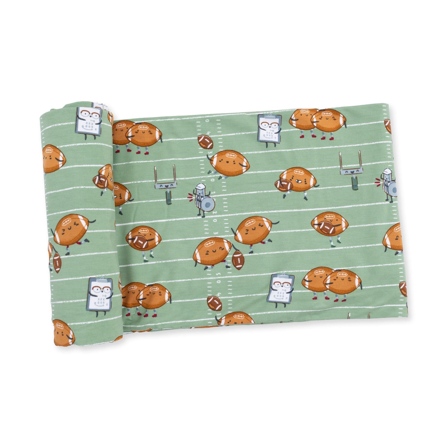 Swaddle blanket printed with a repeating cartoon footballs-playing-football pattern