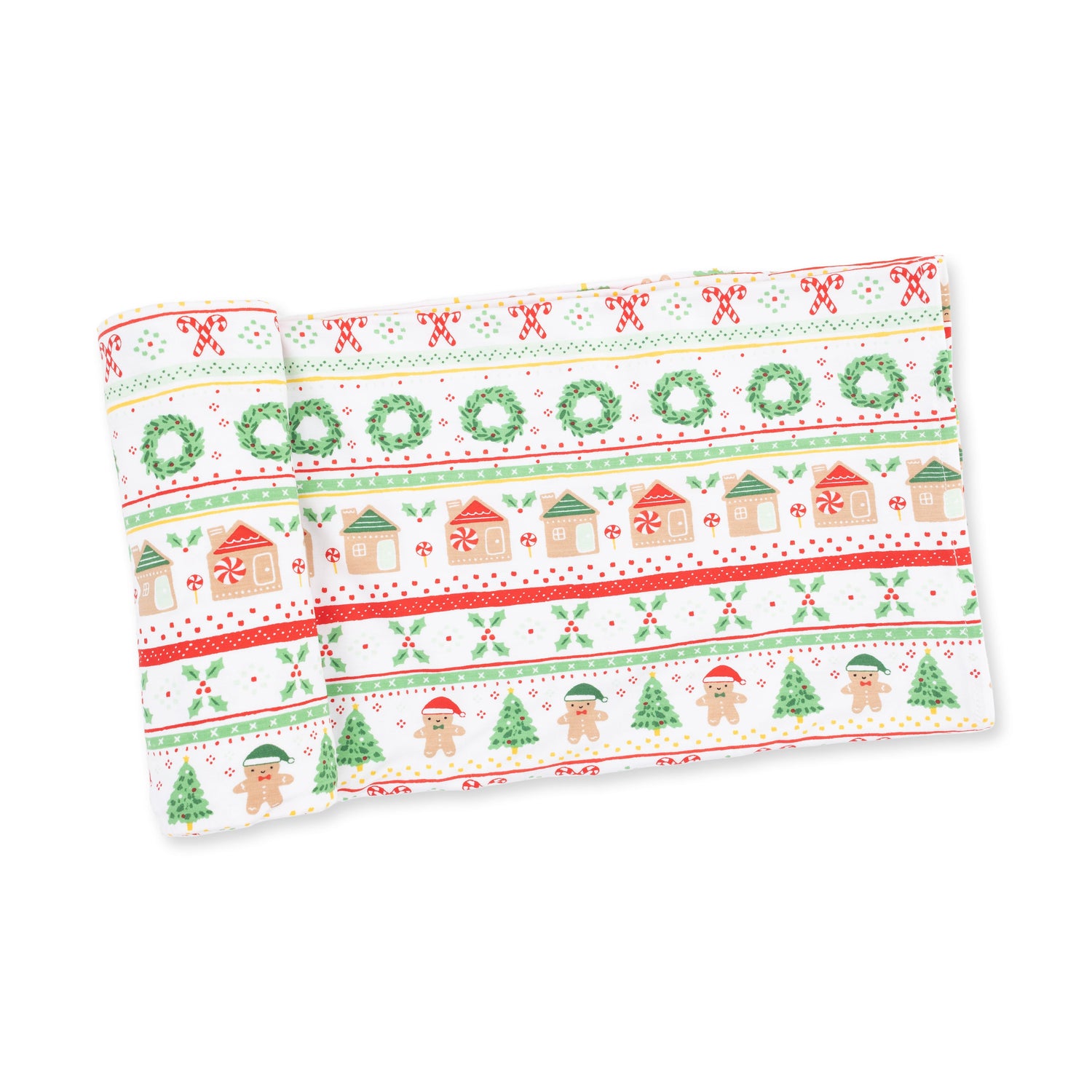 Swaddle blanket with a gingerbread fair isle print in cream and warm brown tones
