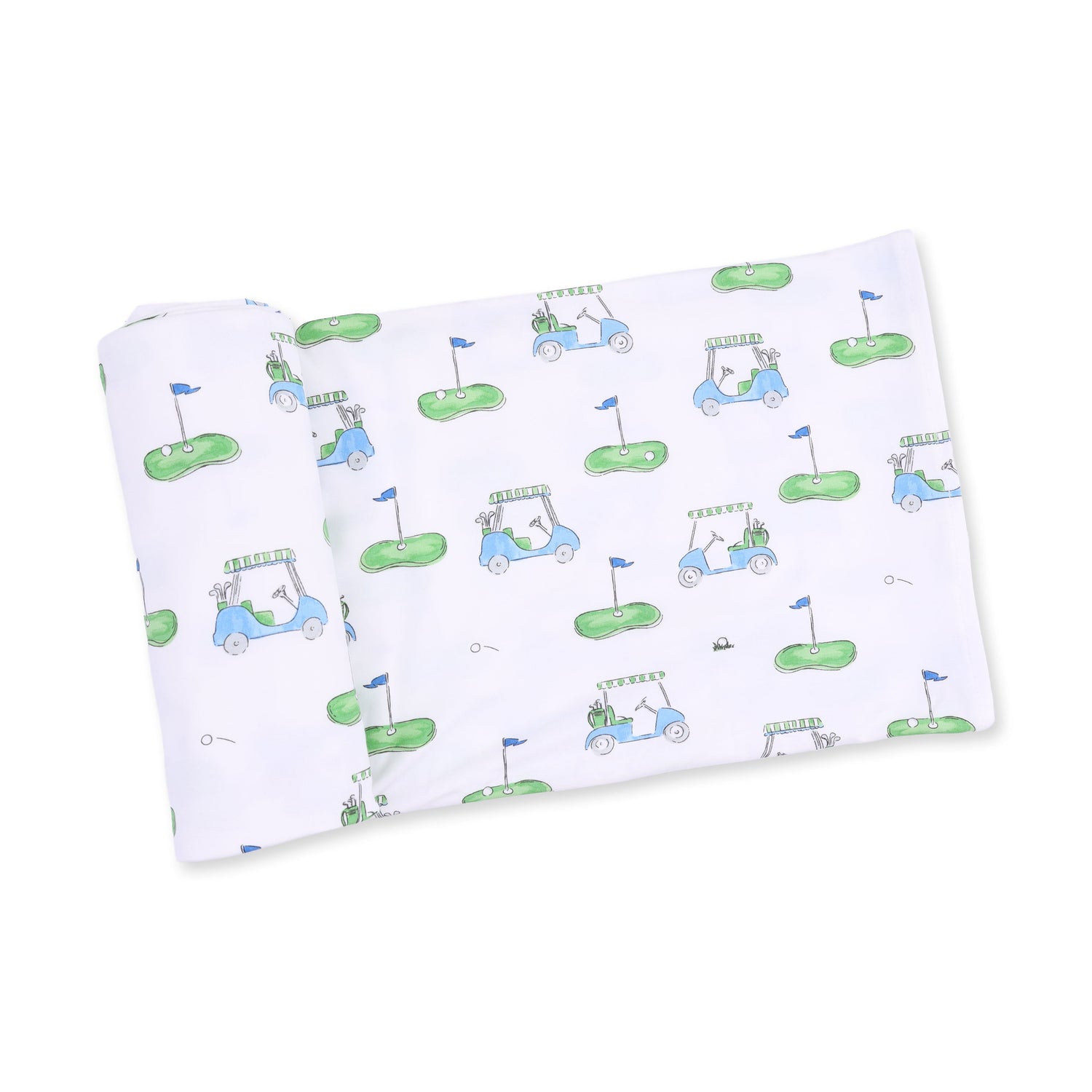 Swaddle blanket with a blue golf cart print on a light background