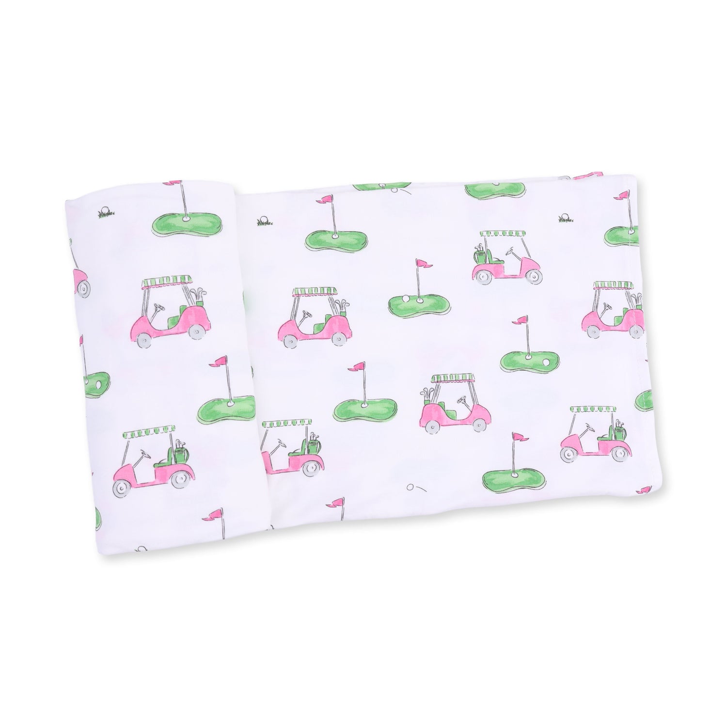 Swaddle blanket in pink with a repeating golf cart print, spread flat to show the square shape.
