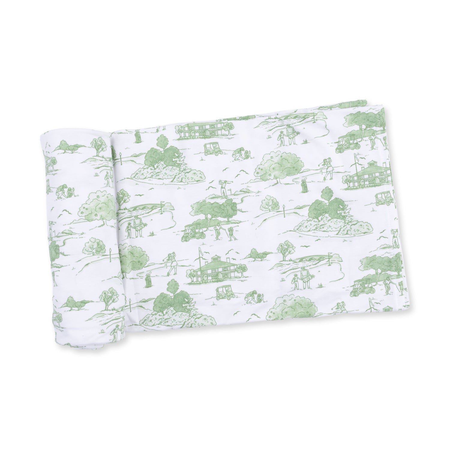Swaddle blanket with a green golf toile print on a white background