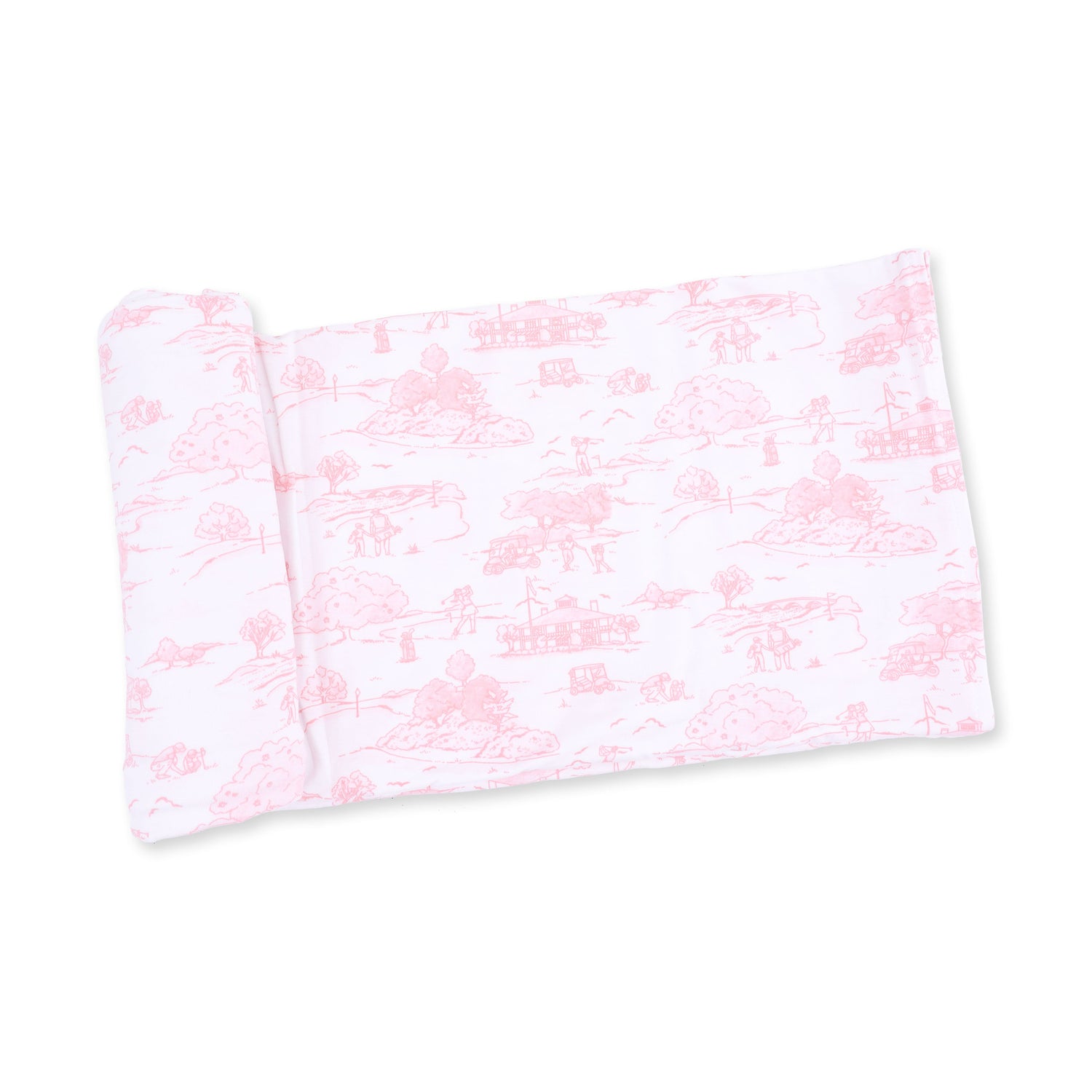 Swaddle blanket in pink golf toile print featuring a repeating golf scene on a soft light background.