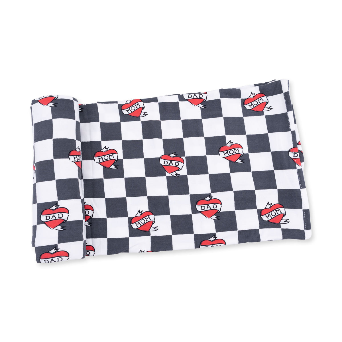 Swaddle blanket with black heart tattoo check print on a light background