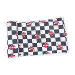 Swaddle blanket with black heart tattoo check print on a light background