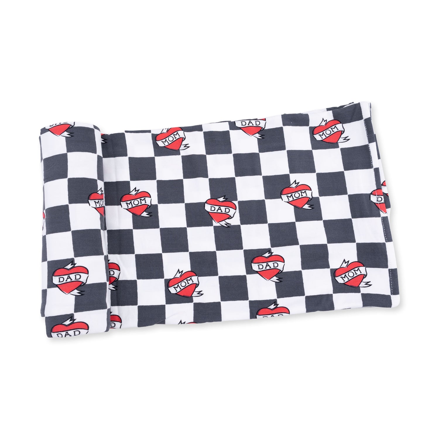 Swaddle blanket with black heart tattoo check print on a light background