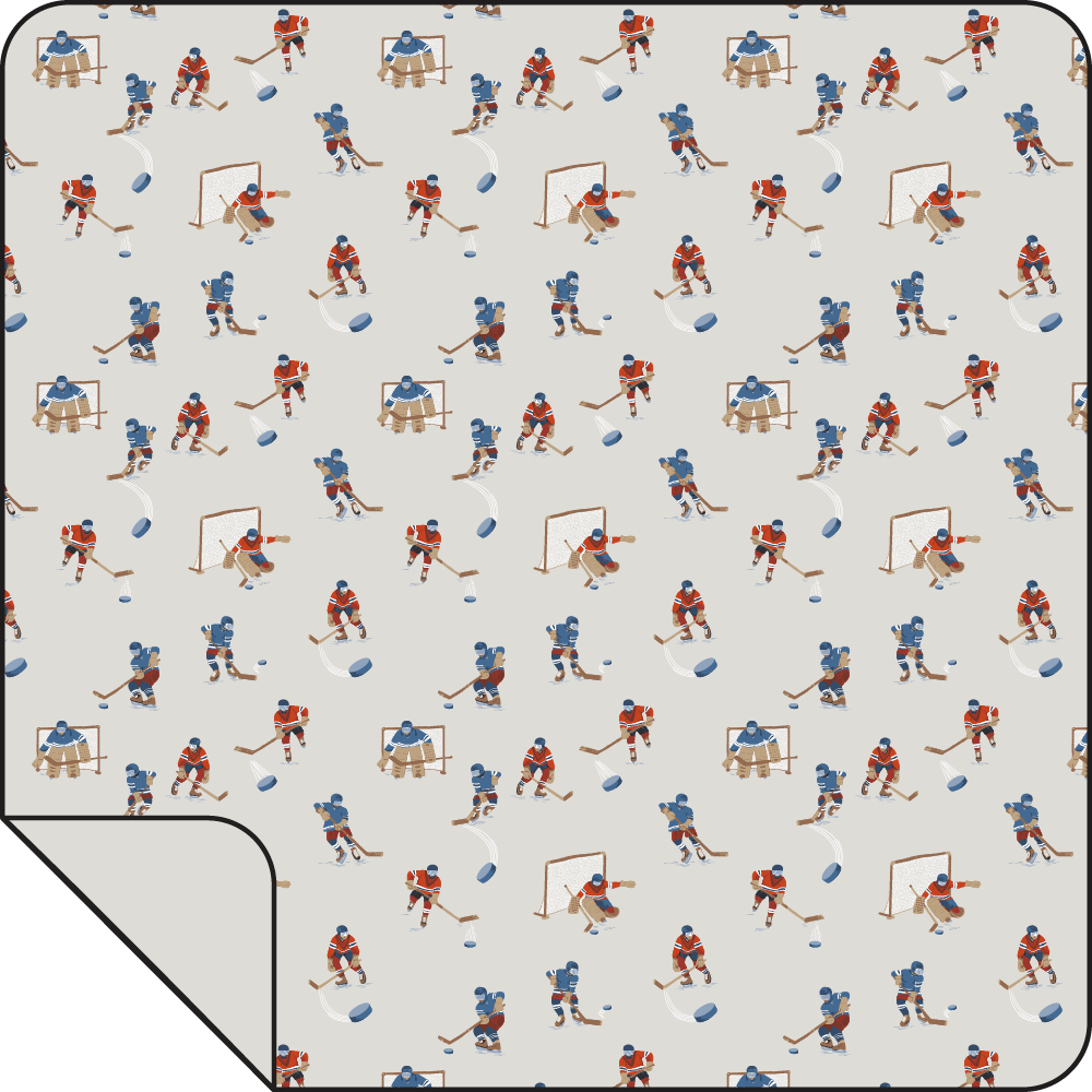 Bamboo swaddle blanket printed with hockey players in action across the fabric