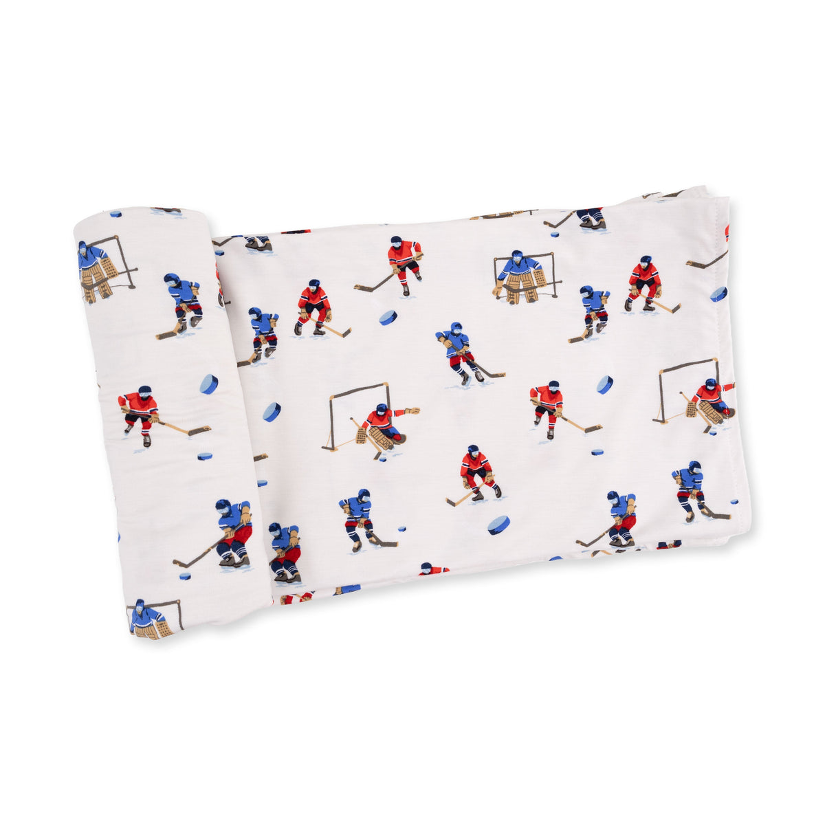 Bamboo swaddle blanket printed with hockey players in action across the fabric