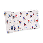 Bamboo swaddle blanket printed with hockey players in action across the fabric