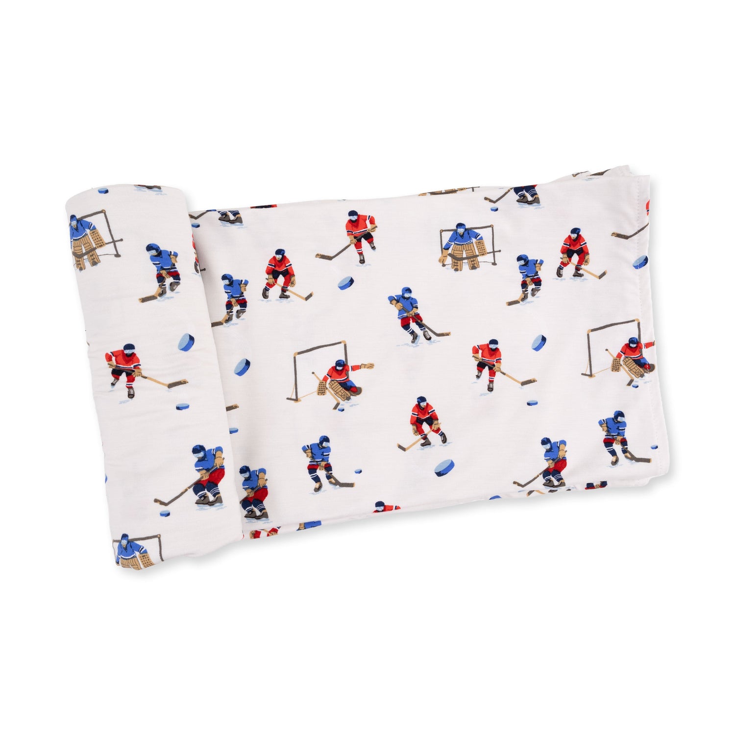 Bamboo swaddle blanket printed with hockey players in action across the fabric