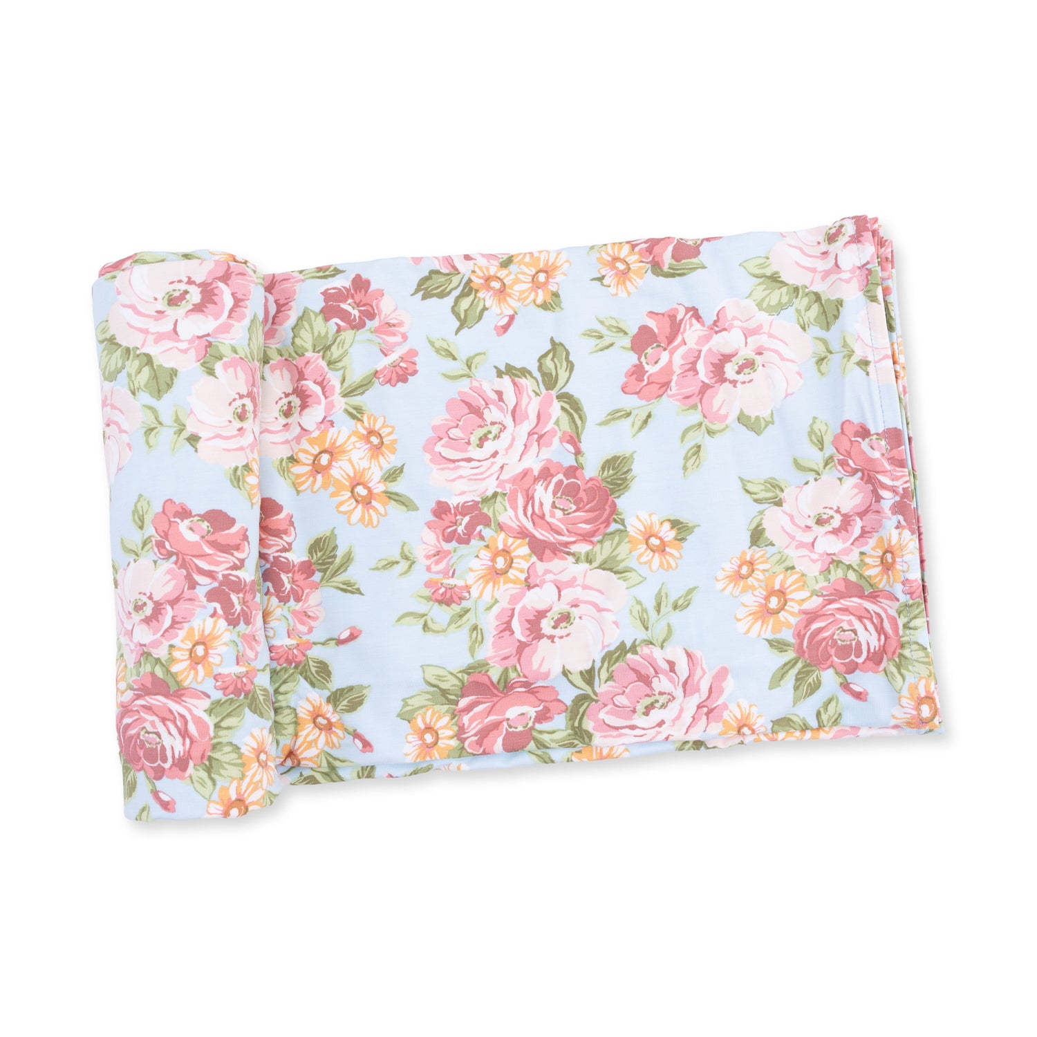 Swaddle blanket in the Angeline floral print with scattered blooms on a light background