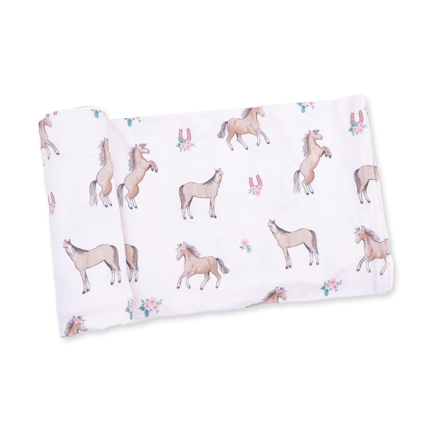 Swaddle blanket in a horse print, spread flat to show the repeating design across soft fabric