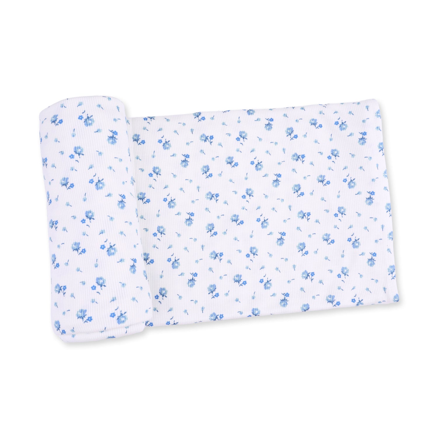 Ribbed modal swaddle blanket in a delicate rosette floral print, laid flat with a soft draped corner.