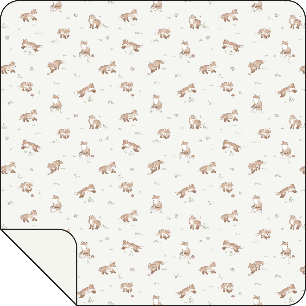 Swaddle blanket with a Little Explorer Fox print in soft muted tones, spread flat to show the pattern.