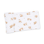Swaddle blanket with a Little Explorer Fox print in soft muted tones, spread flat to show the pattern.