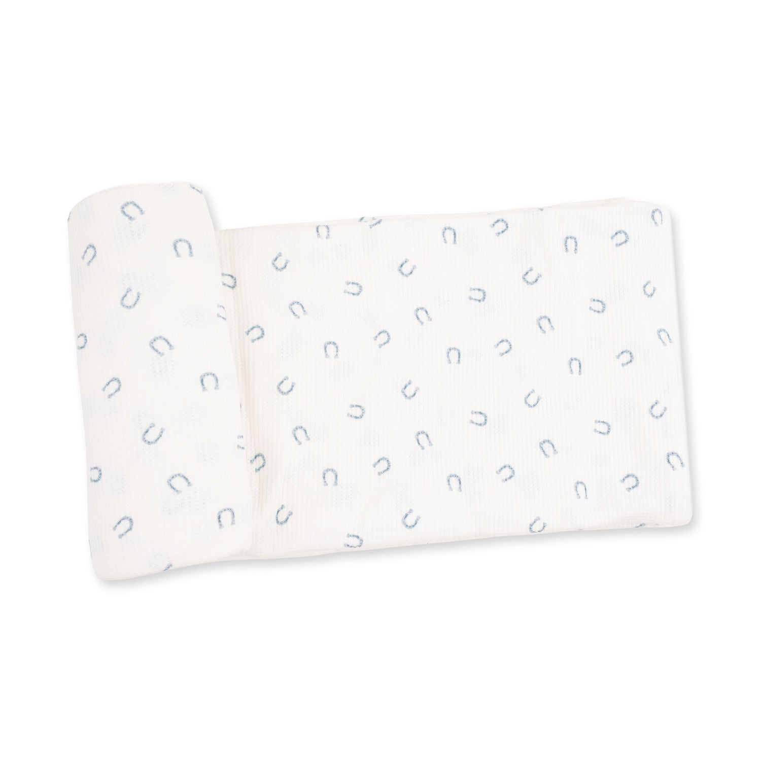 Swaddle blanket in soft blue with a little horseshoe print, laid out flat with a waffle texture.