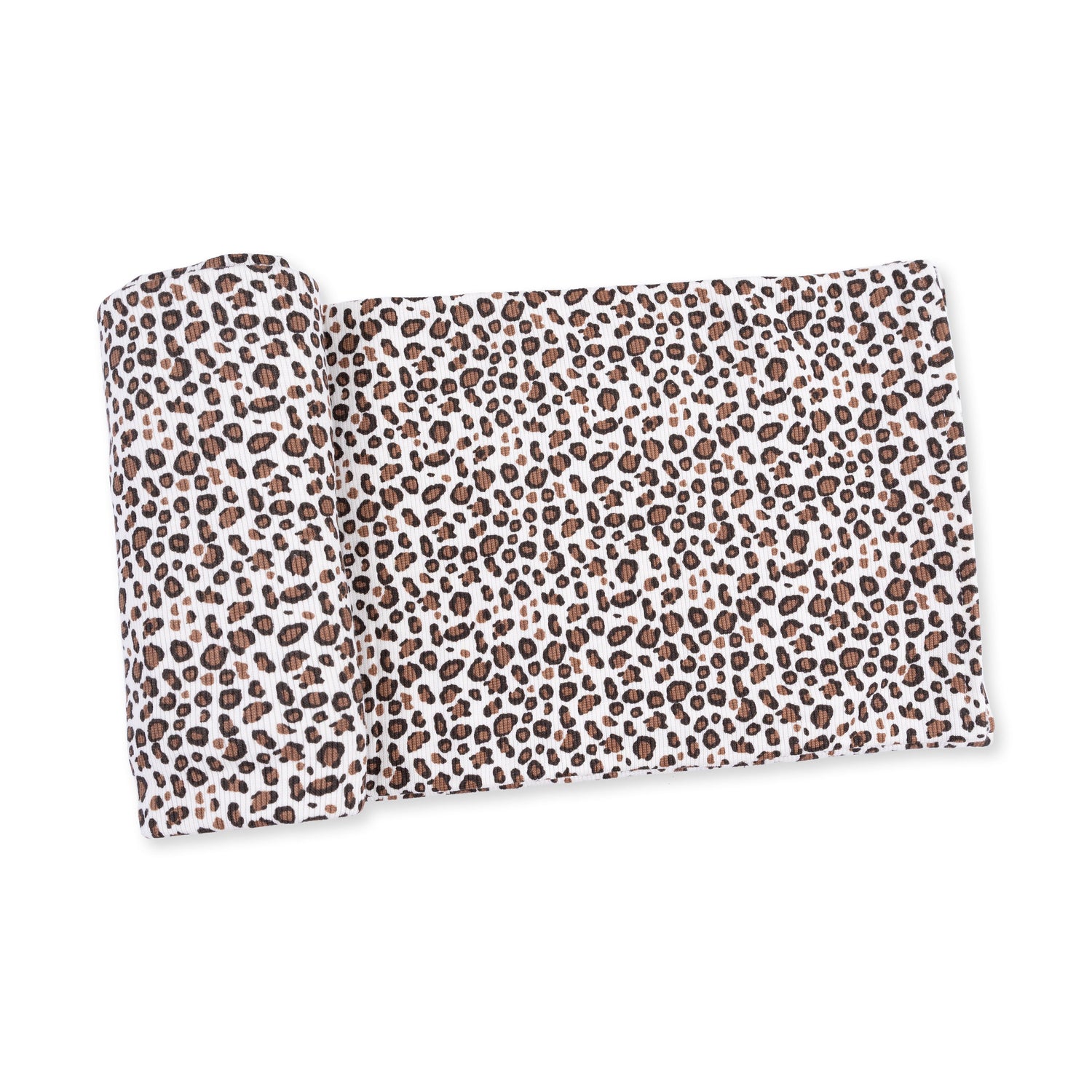 Swaddle blanket in a ribbed modal fabric with a soft leopard print pattern.