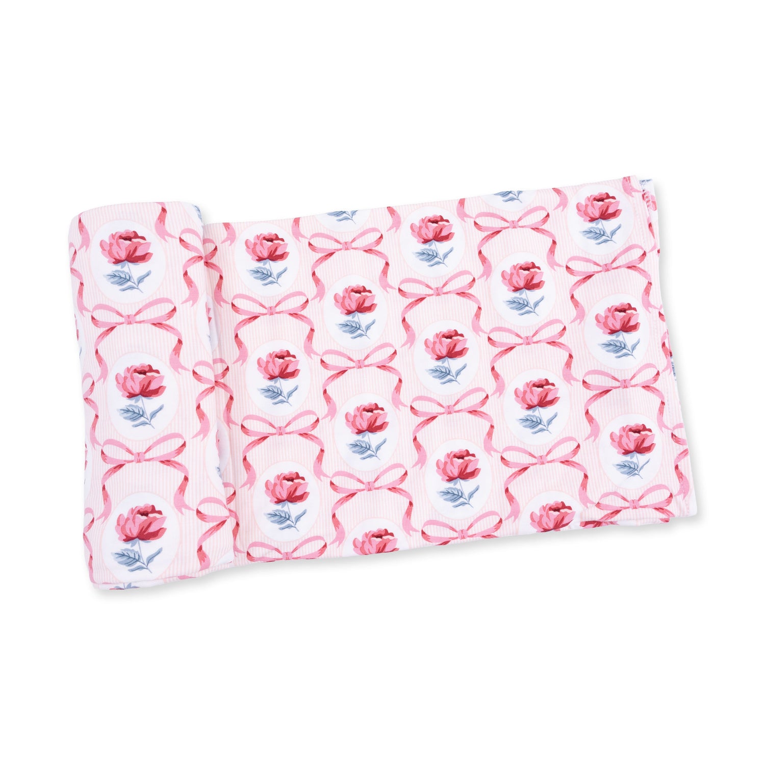 Swaddle blanket in a Leslie Rose floral print, laid flat to show the pattern and soft fabric.