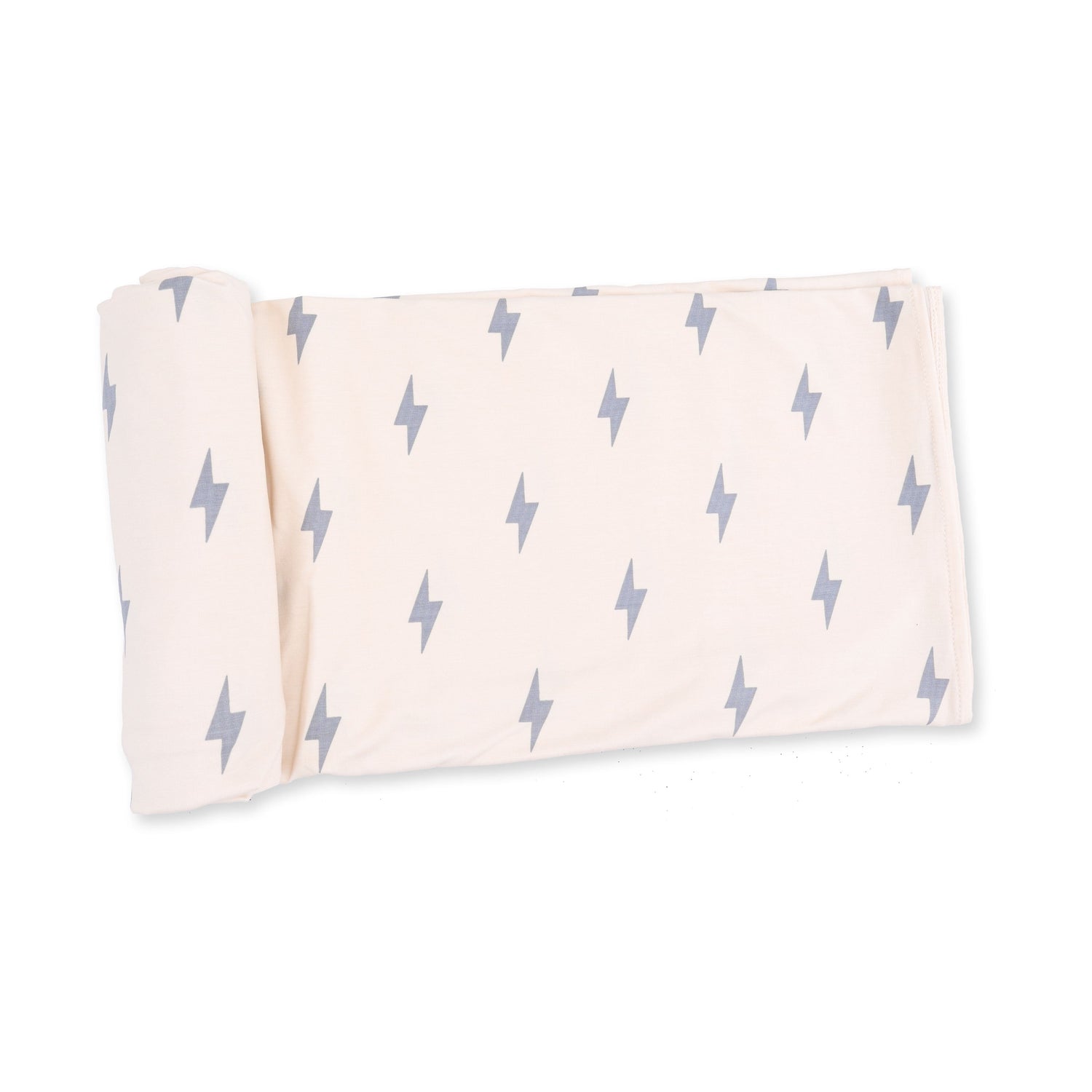 Swaddle blanket with a lightning bolt print, spread flat to show the square shape and pattern